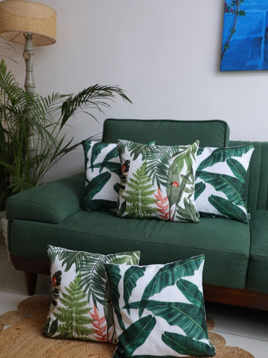 

LUSHLYF White & Green Set of 5 Floral Velvet Square Cushion Covers