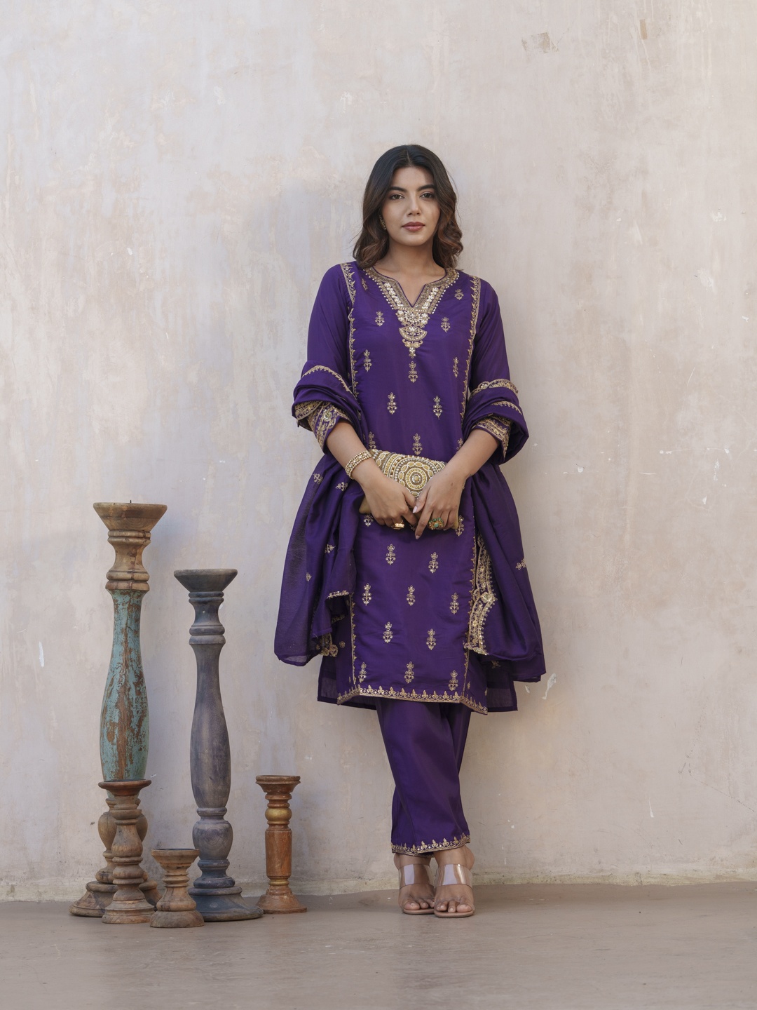 

House of Pataudi Floral Embroidered Notch Neck Straight Kurta With Trouser & Dupatta, Purple