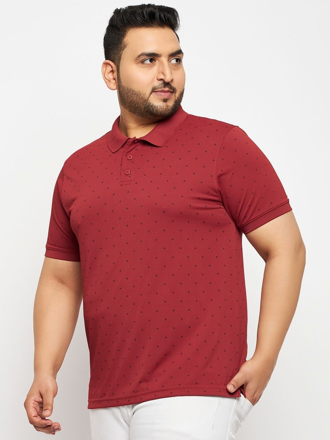 

AUXAMIS Men Plus Size Geometric Printed Polo Collar Cotton T-shirt, Red