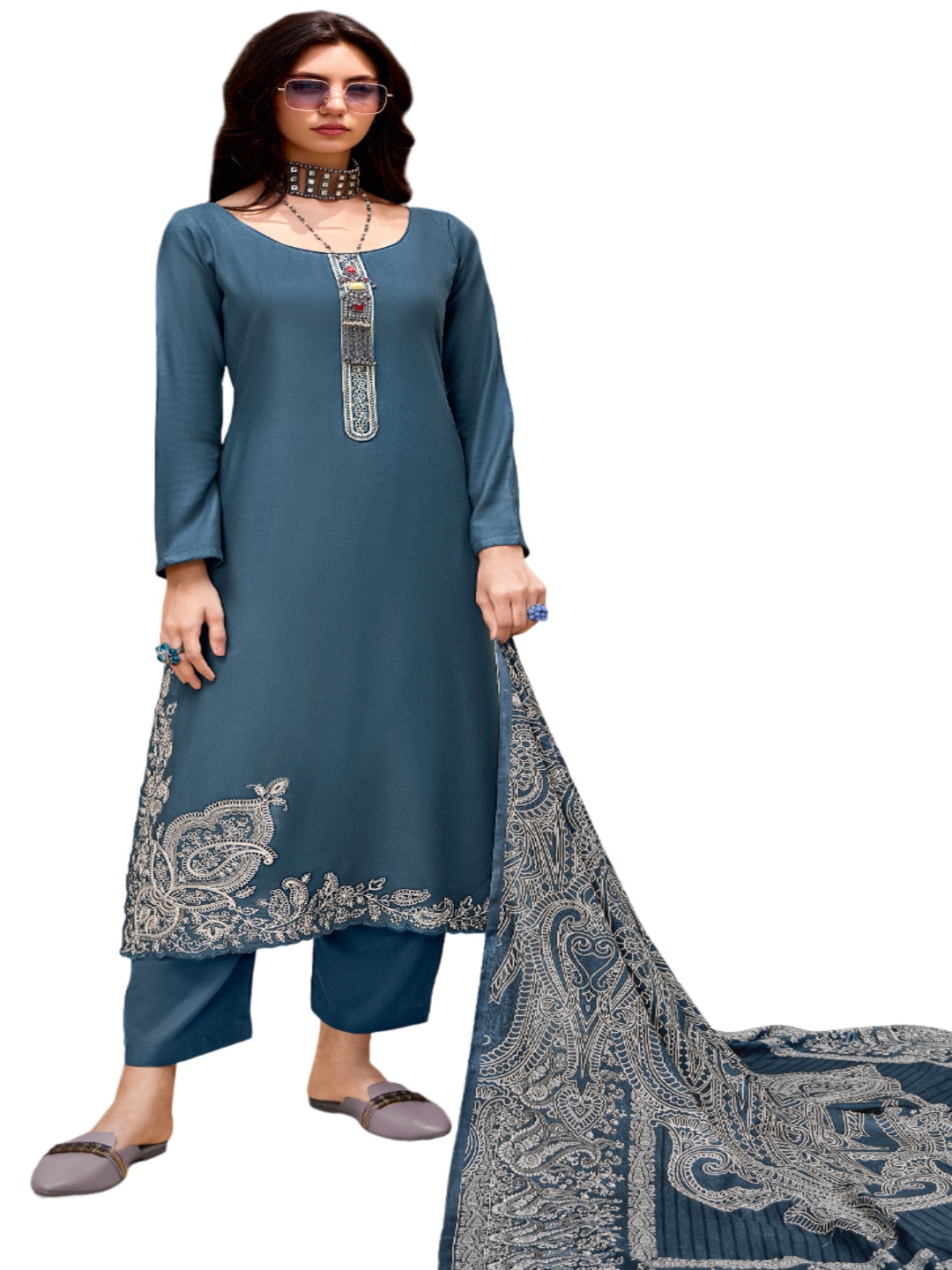 

DRAVINAM Trends Floral Embroidered Pashmina Unstitched Dress Material, Grey