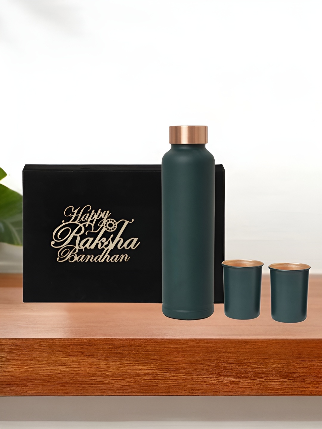 

INTERNATIONAL GIFT Green 3 Pieces Pure Copper Water Bottle With Glass Set Velvet Box & Bag