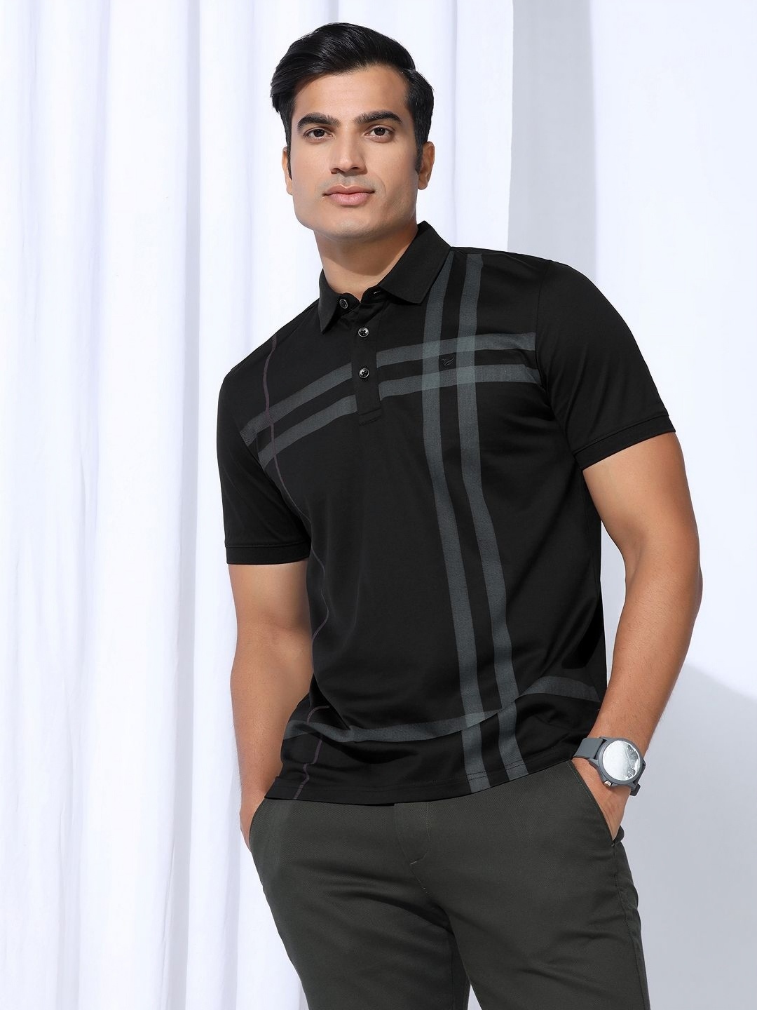 

Blackberrys Men Striped Polo Collar Cotton Slim Fit T-shirt, Black