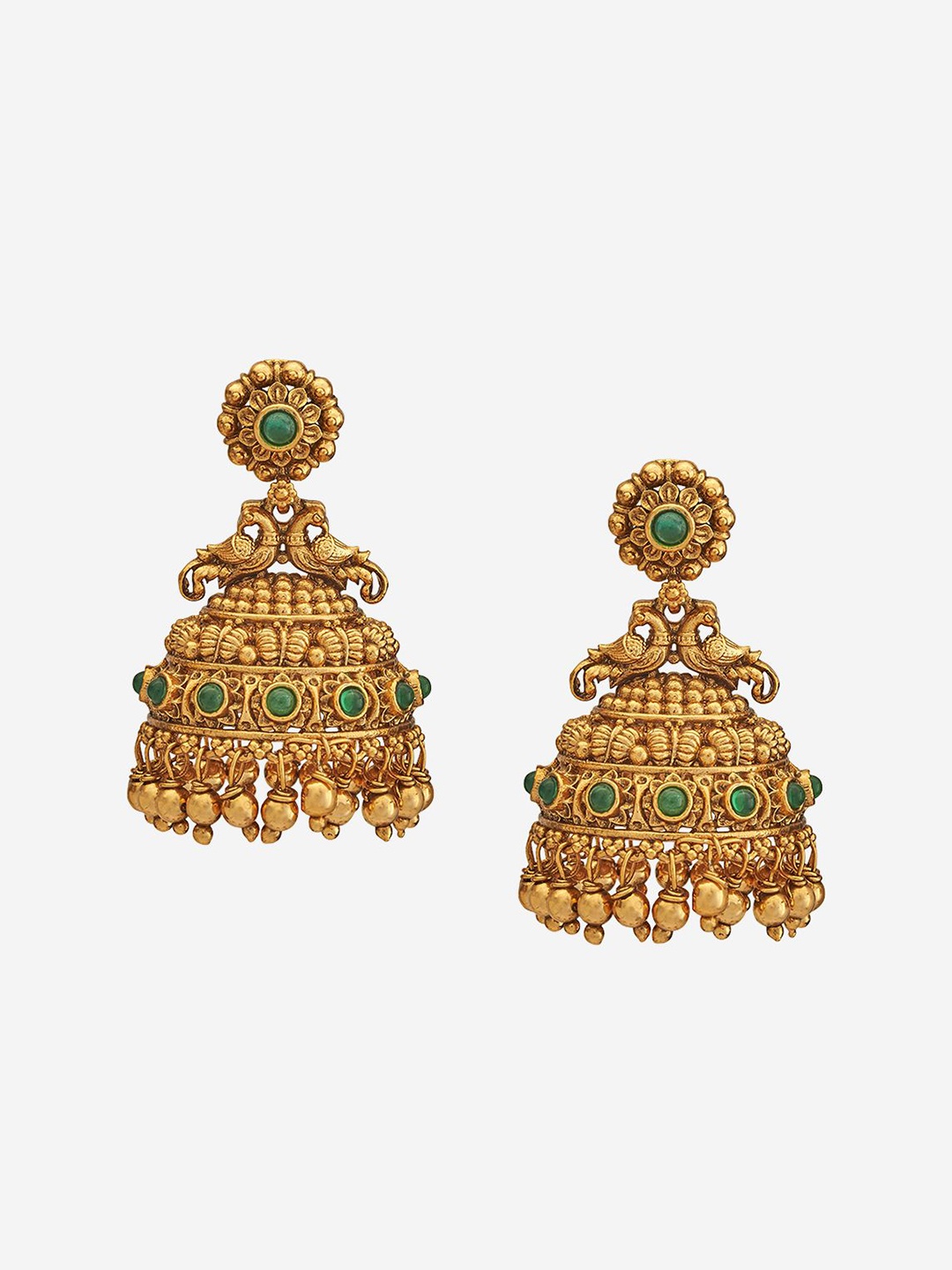 

Kushal's Fashion Jewellery Gold-Plated Stone Studded Dome Shaped Antique Jhumkas