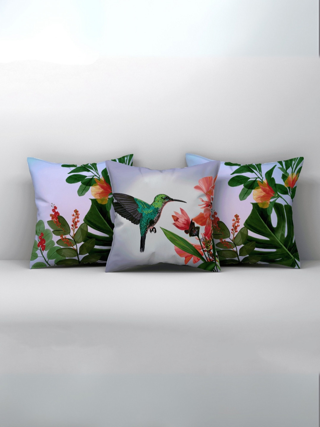 

LUSHLYF White 3 Pieces Floral Velvet Song Of Hummingbird X Autumn Big Leaf Cushion Covers