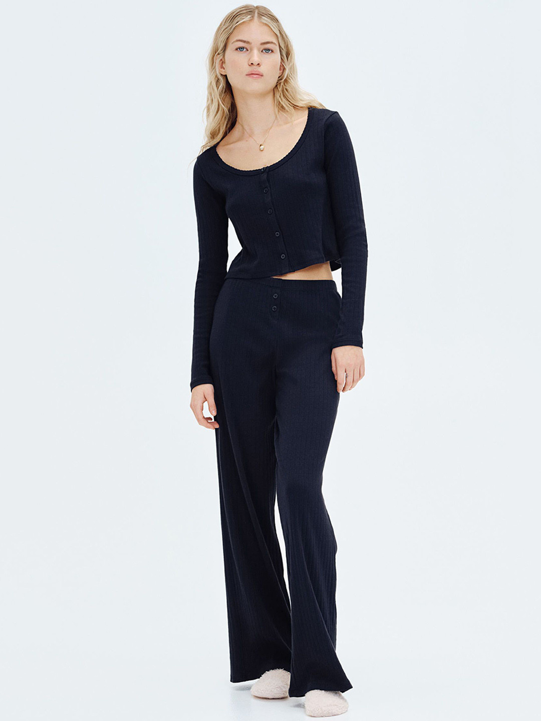 

H&M Women Pointelle Pure Cotton Night suits, Black