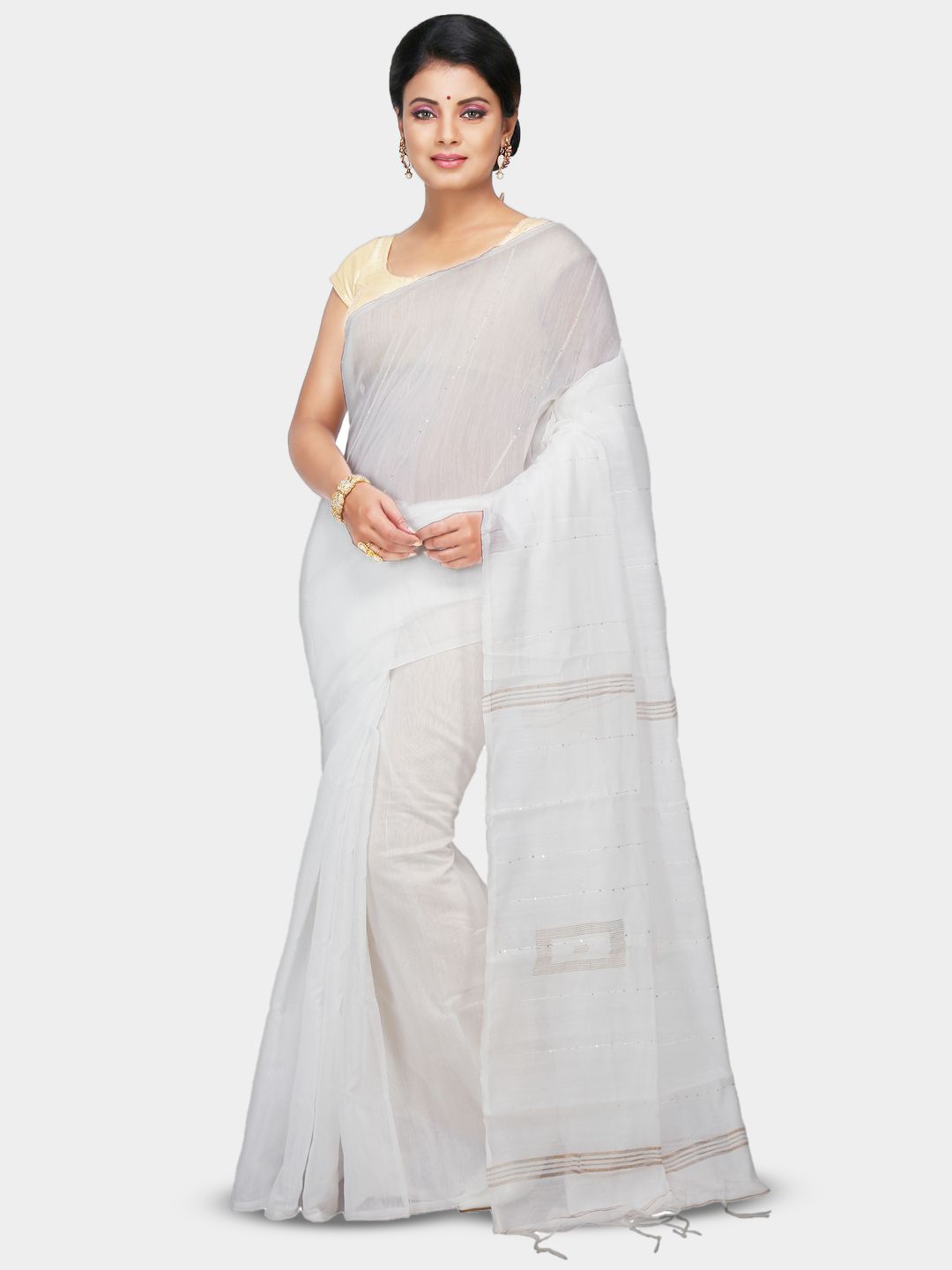 

Crochetin Solid Saree with Blouse Piece, White