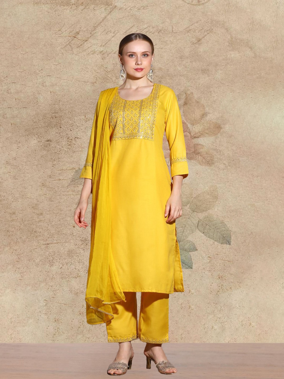 

AVANSHEE Yoke Design Round Neck Straight Kurta with Trouser And Dupatta, Yellow
