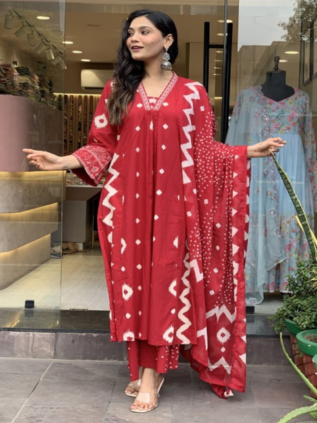 

KALINI Geometric Printed V-Neck A-Line Kurta With Trousers And Dupatta, Red