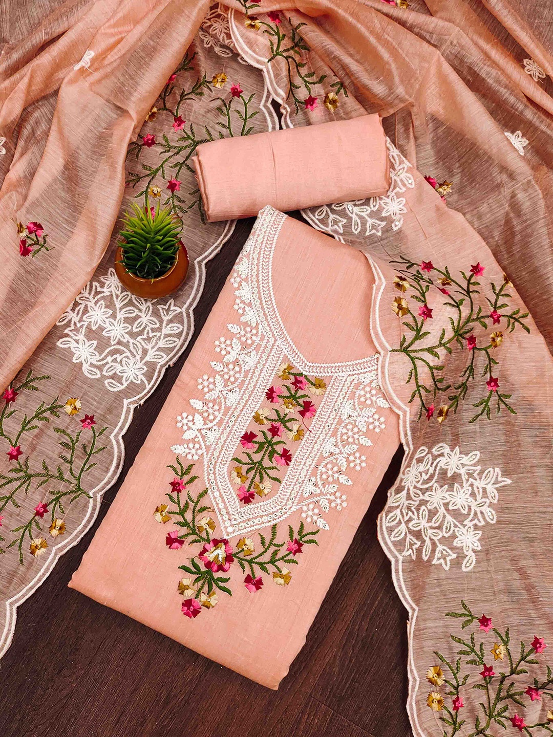 

KIMISHA Floral Embroidered Sequinned Chanderi Cotton Unstitched Dress Material, Peach