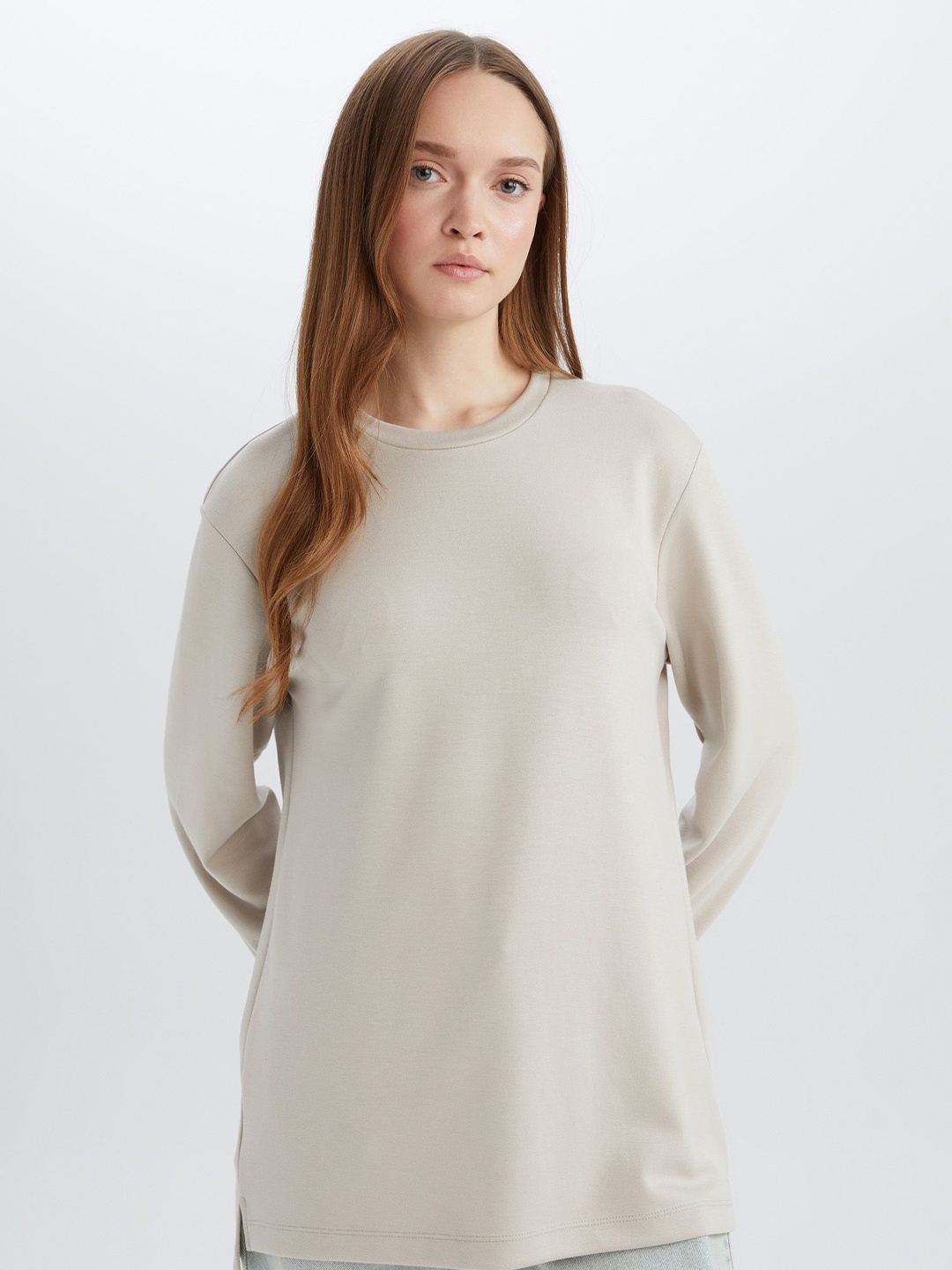 

DeFacto Women Regular Fit Longline T-shirt, Beige
