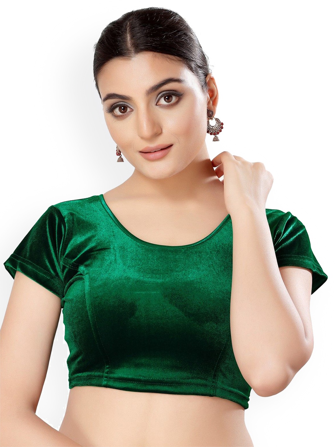 

Mmore Women Velvet Round Neck Stretchable Saree Blouse, Green