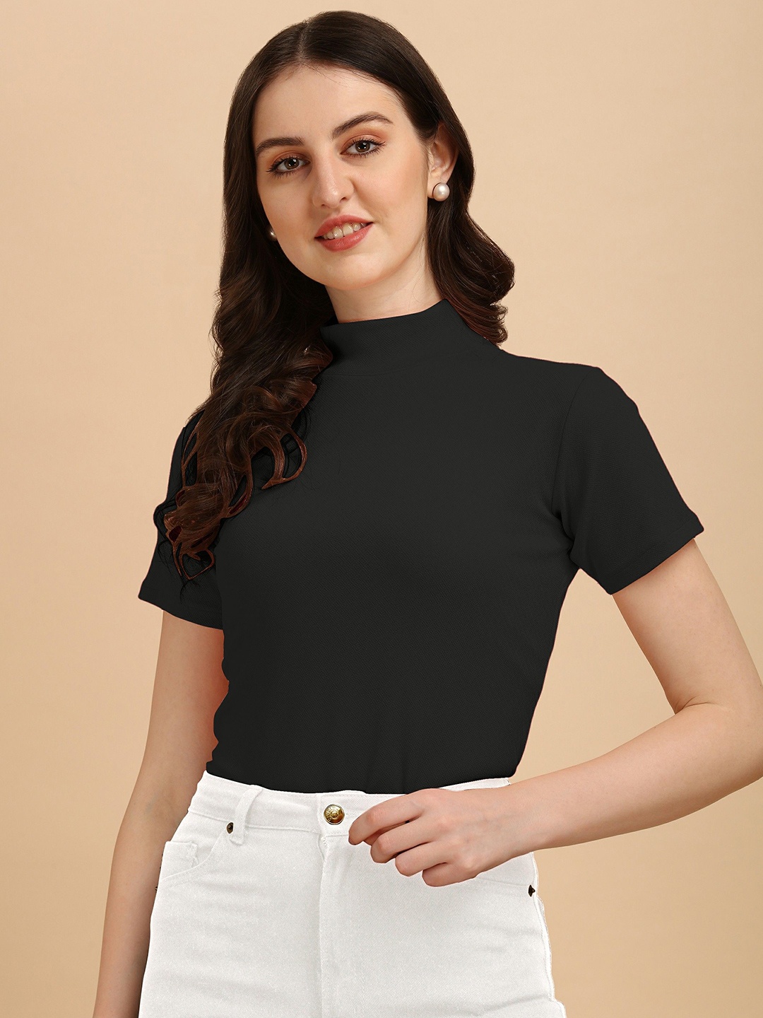 

CORSICA Solid High Neck With Short Sleeves Top, Black