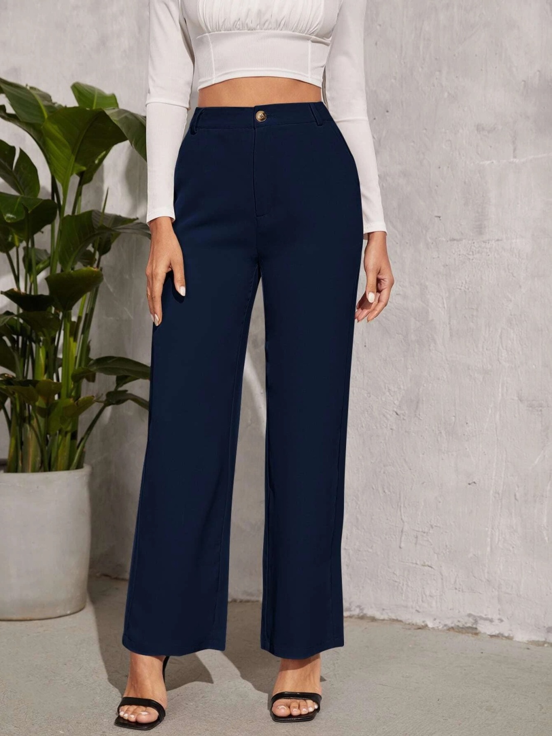 

FNOCKS Women Relaxed Straight Leg High-Rise Stain Resistant Wide Leg Trousers, Navy blue