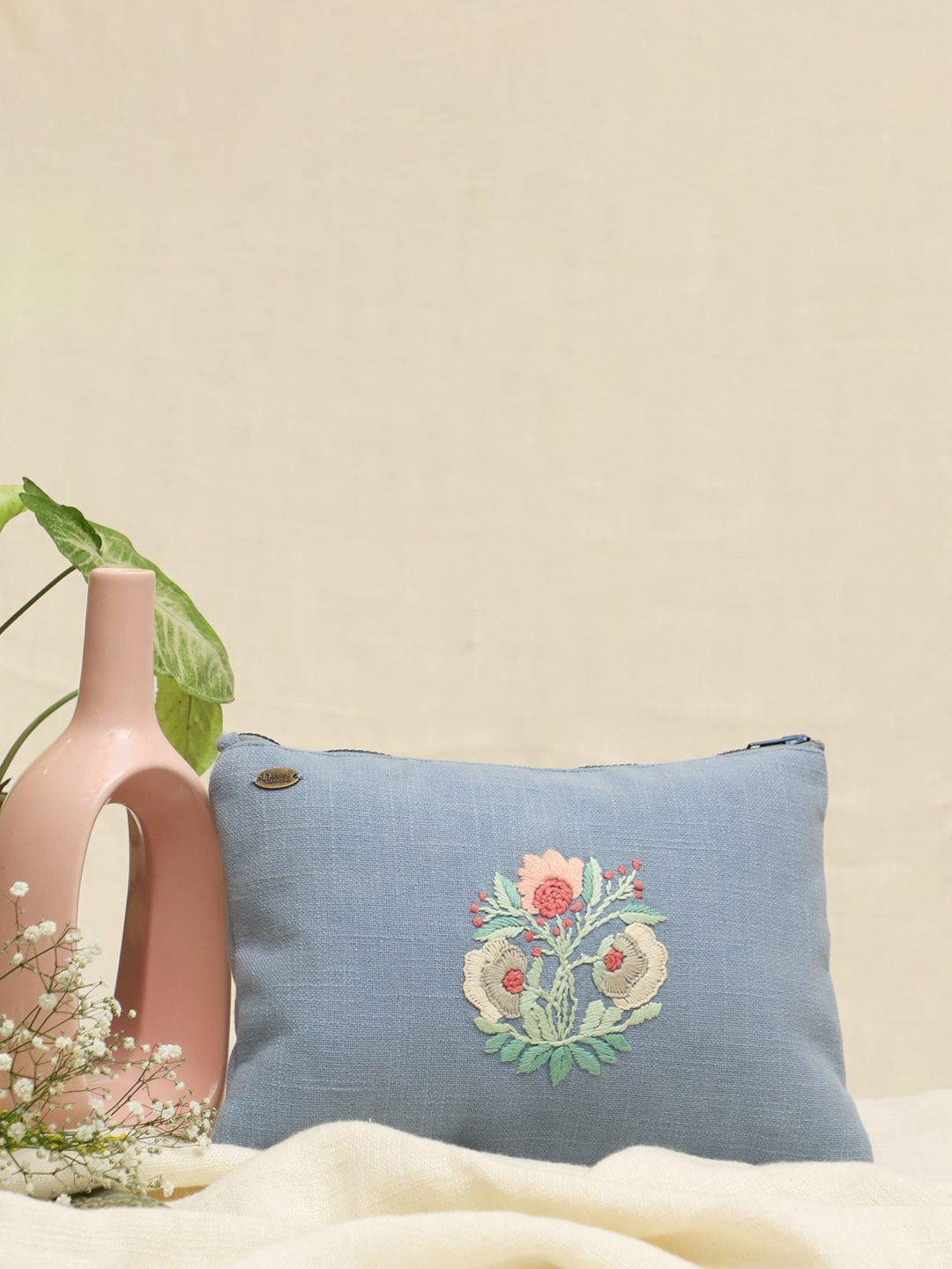 

DESIGN GAATHA Embroidered Pure Cotton Slub Pouch, Blue