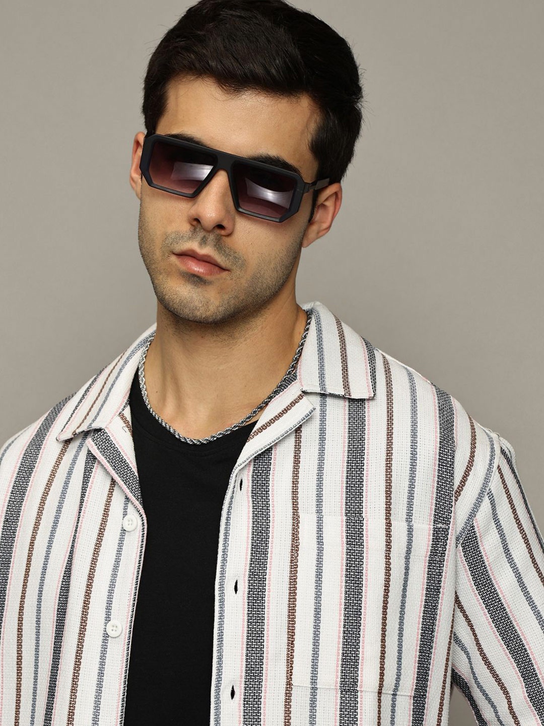 

The Roadster Lifestyle Co. Men Premium Relaxed Fit Vertical Striped Cotton Casual Shirt, Off white