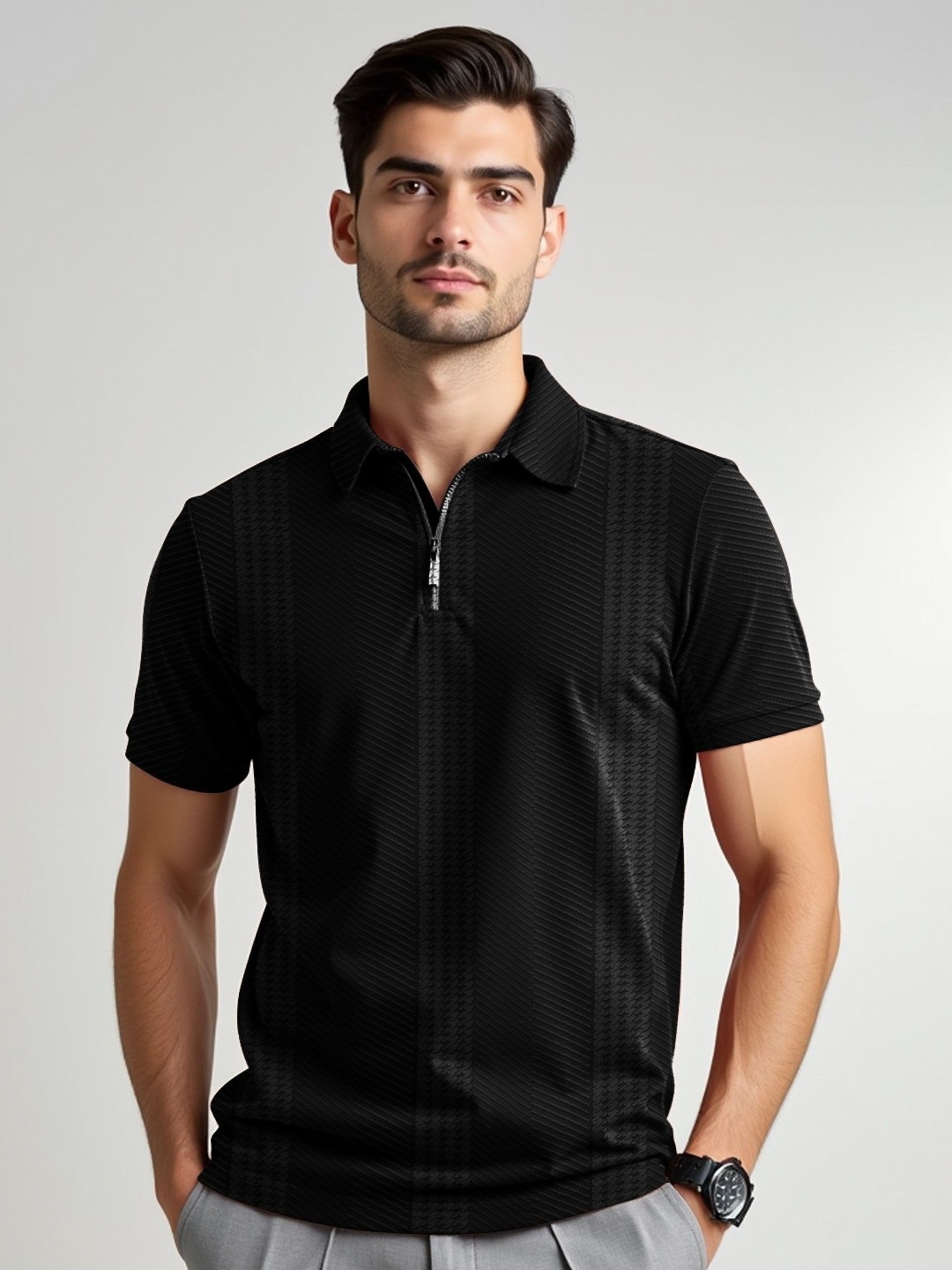 

JUMPCUTS Men Self Design Polo Collar Slim Fit T-shirt, Black