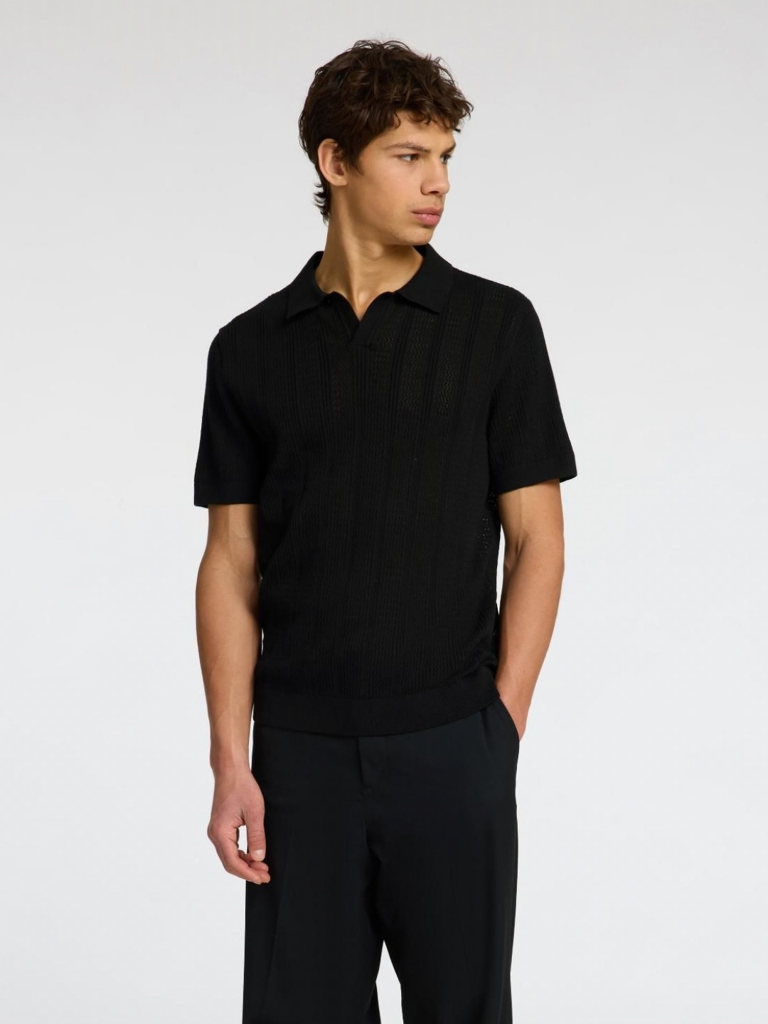 

SELECTED Men Self Design Polo Collar Cotton T-shirt, Black