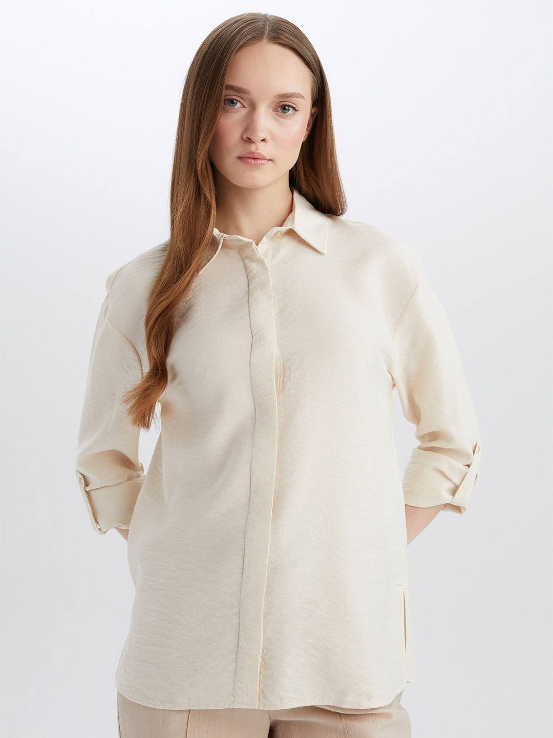 

DeFacto Women Spread Collar Neck Long Sleeves Casual Shirt, Beige