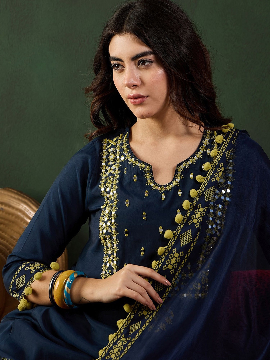 

Sangria Navy Blue Notch-Neck Mirror Work Chanderi Silk Kurta With Dhoti Pant And Dupatta