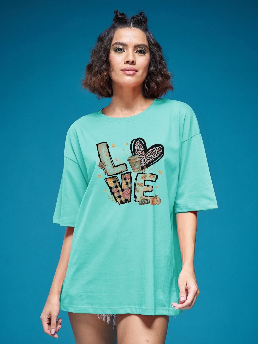 

SMARTEES Women Printed Drop-Shoulder Sleeves Applique T-shirt, Sea green