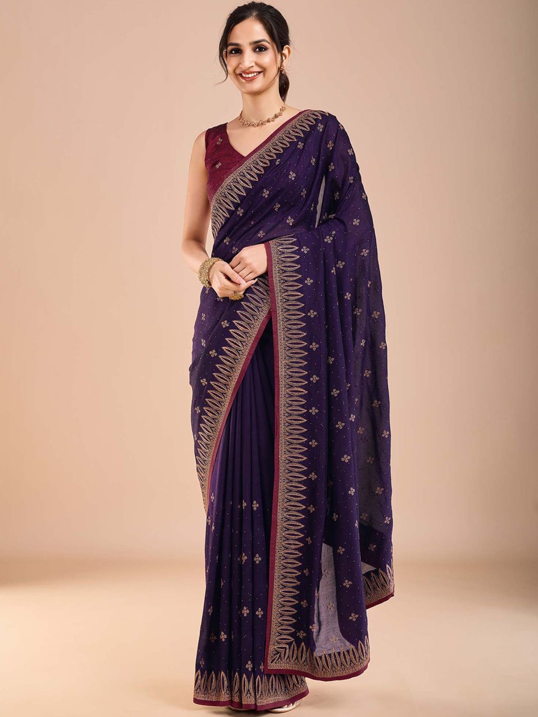 

Anouk Floral Beads and Stones Silk Blend Saree, Navy blue