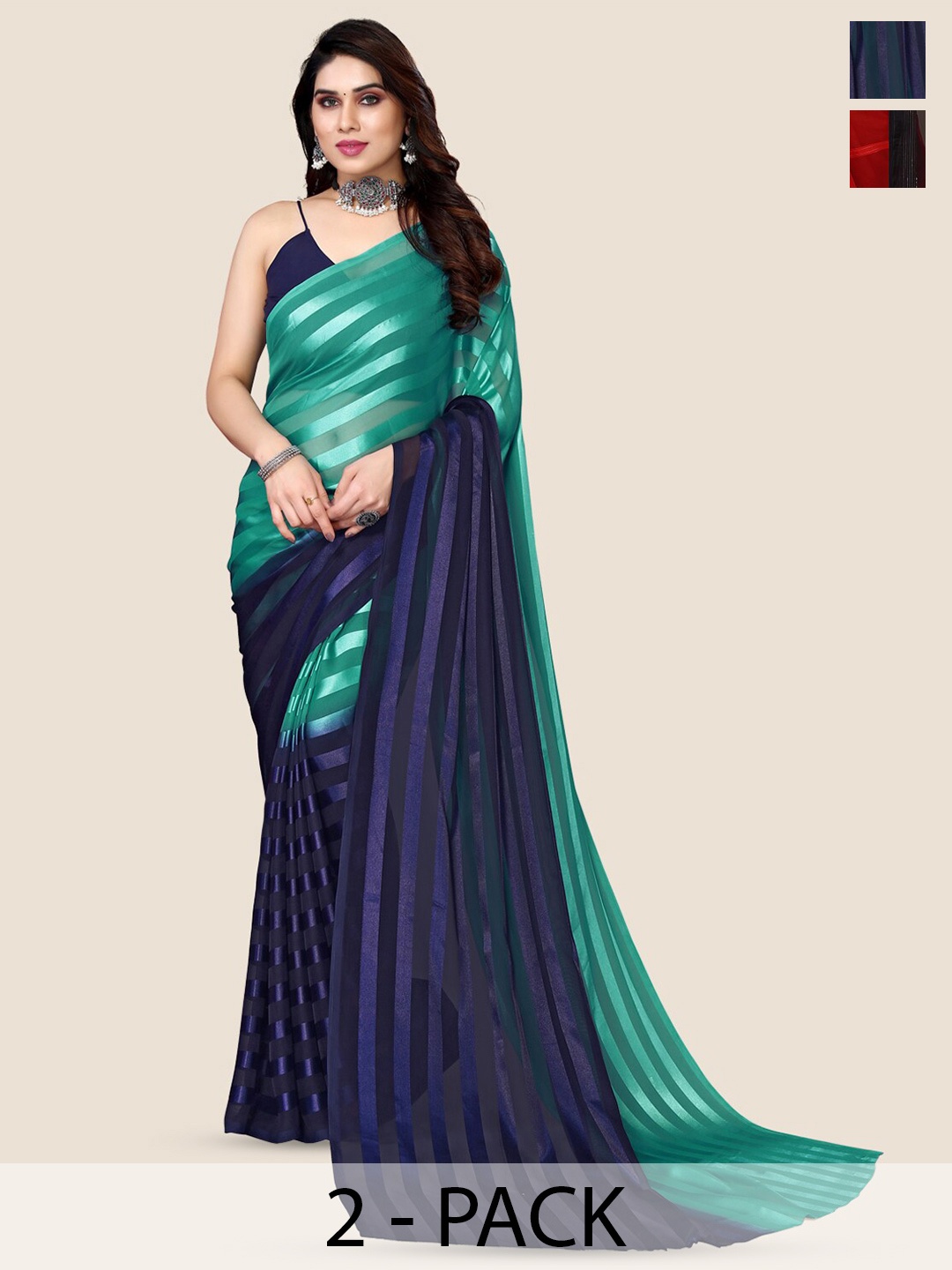 

Moda Rapido Pack Of 2 Striped Satin Saree, Green