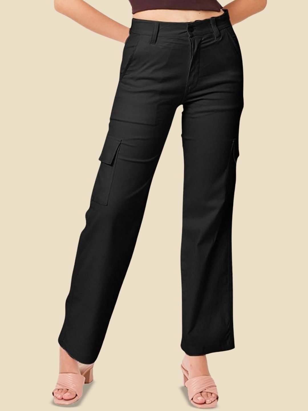 

Sizi Women Straight Fit Mid Rise Stretchable Cargo Pant, Black