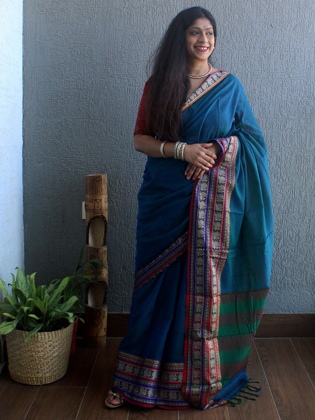 

Weaves of Tradition Pure Cotton Narayan Peth Saree, Blue