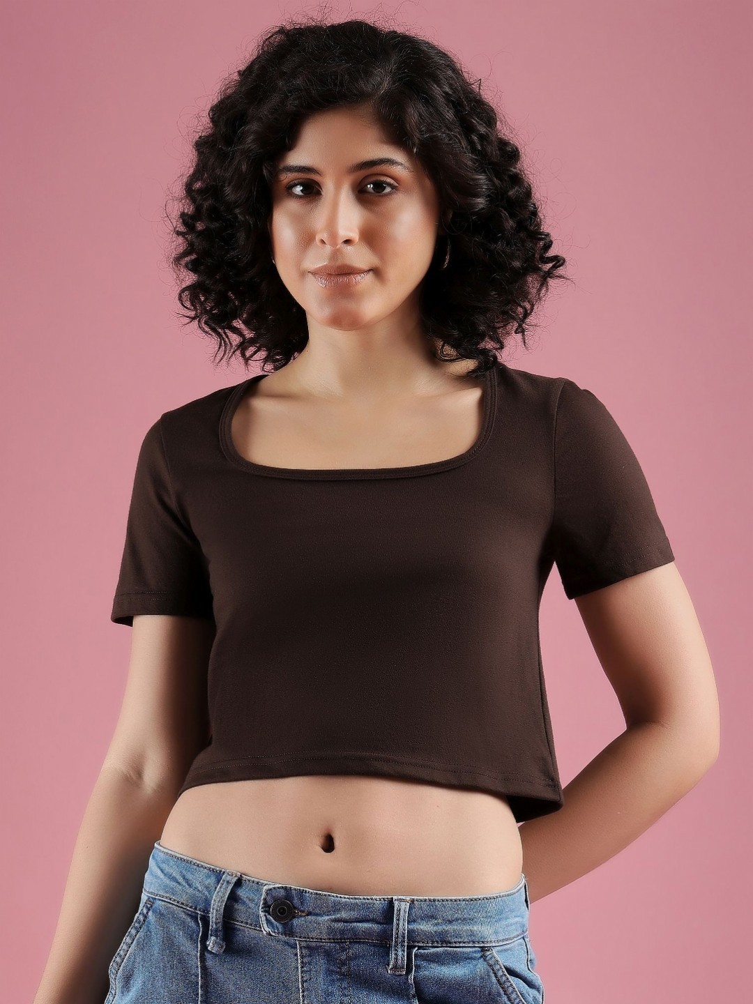 

DressBerry Women Solid Scoop Neck Cotton T-shirt, Brown