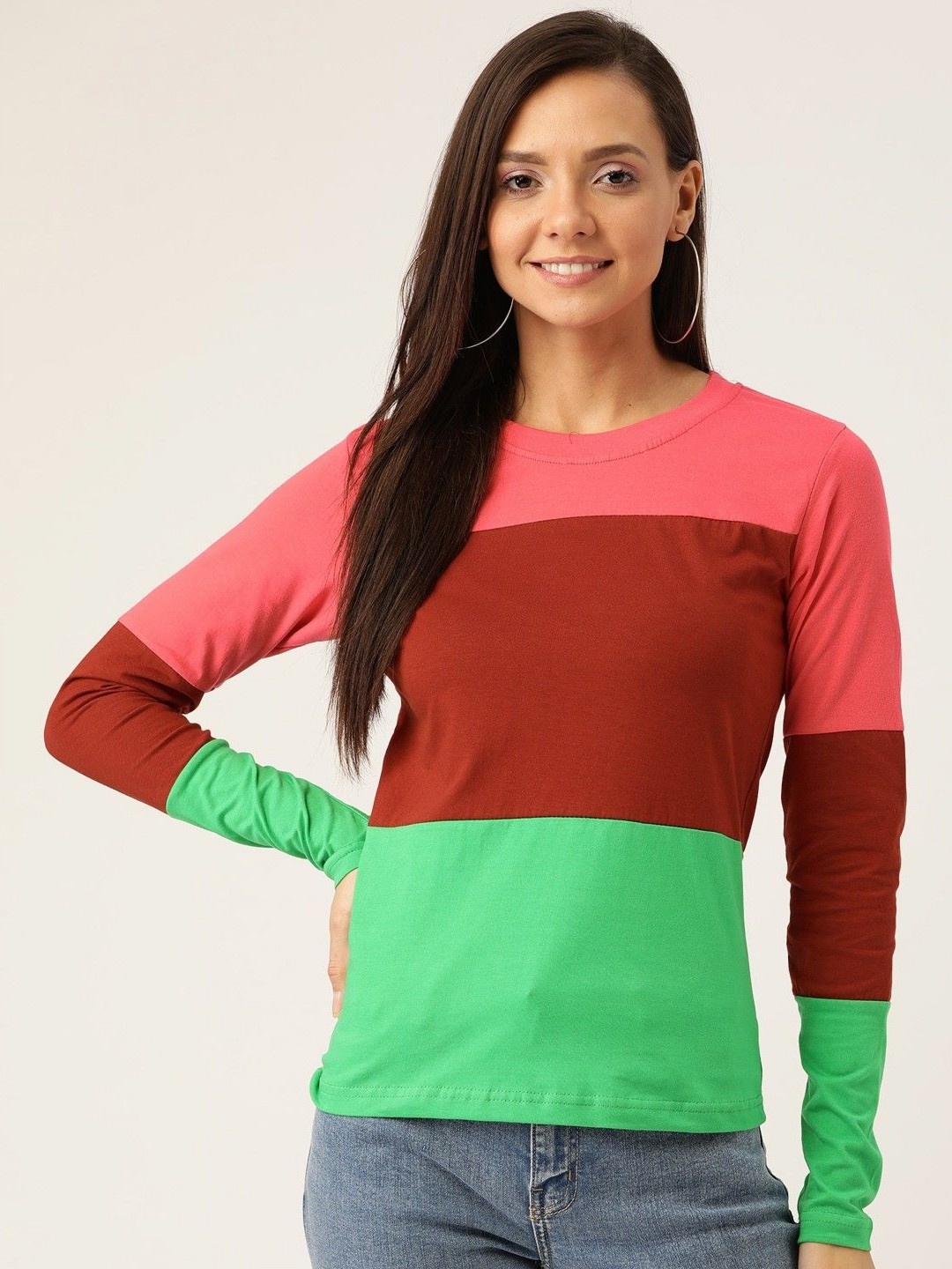 

Moda Rapido Women Colourblocked Round Neck Cotton Slim Fit T-shirt, Maroon