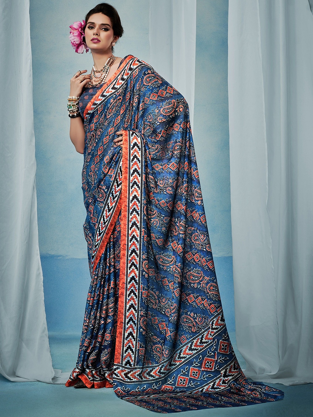 

MAHALASA Ajrak Block Satin Saree, Blue