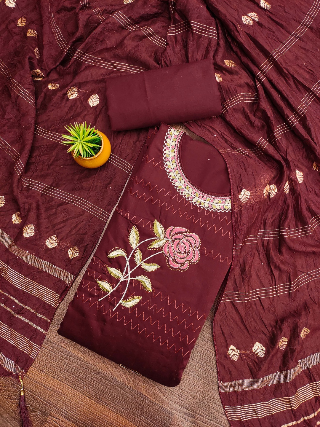 

HERE&NOW Floral Embellished Zari Unstitched Dress Material, Maroon