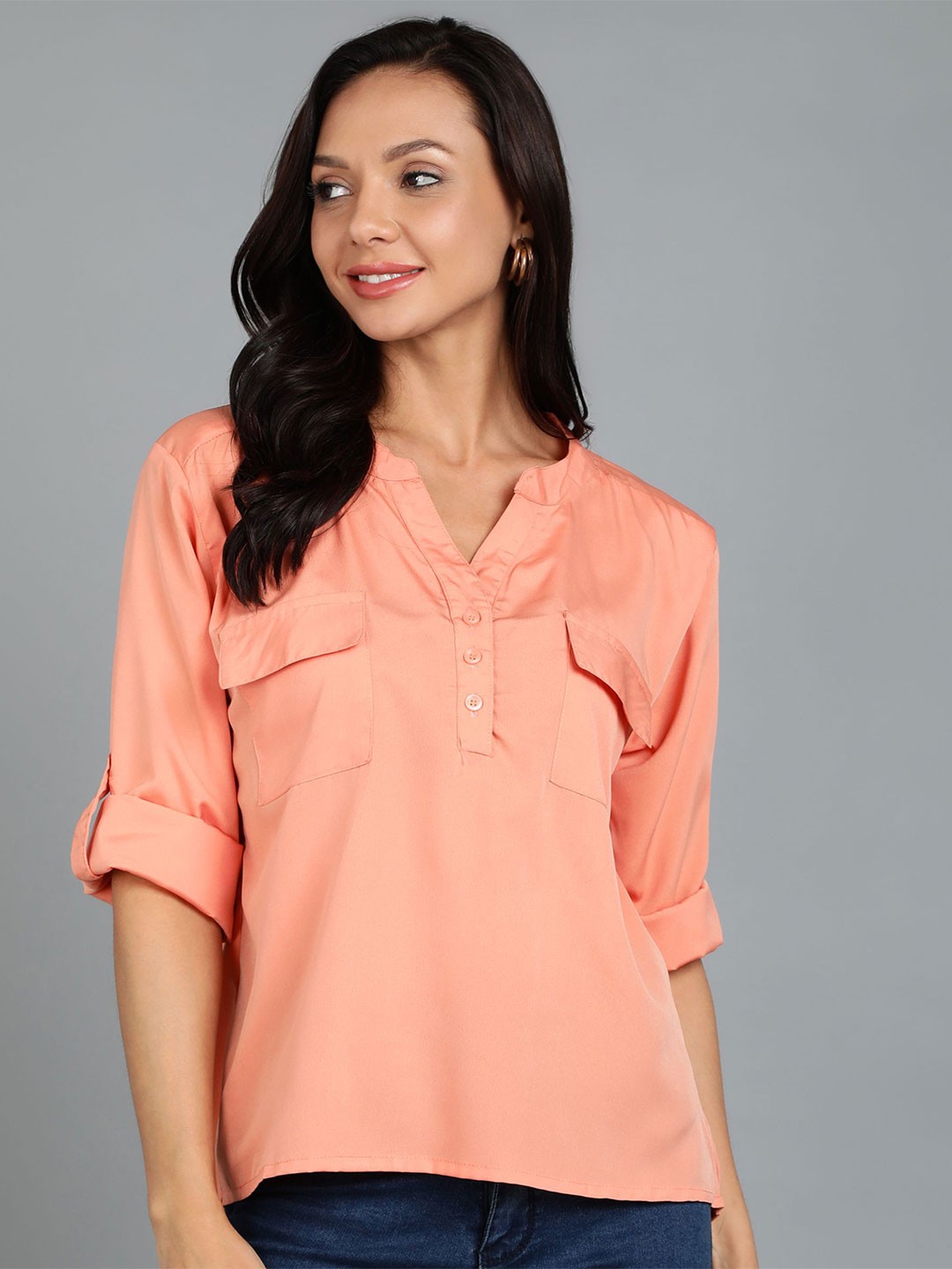 

KASHIAN Mandarin Collar Roll-Up Sleeves Shirt Style Top, Peach
