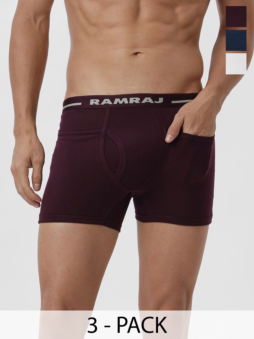 

Ramraj Men Pack of 3 Solid Low Rise Cotton Fine Jersey Target Trunks, Blue