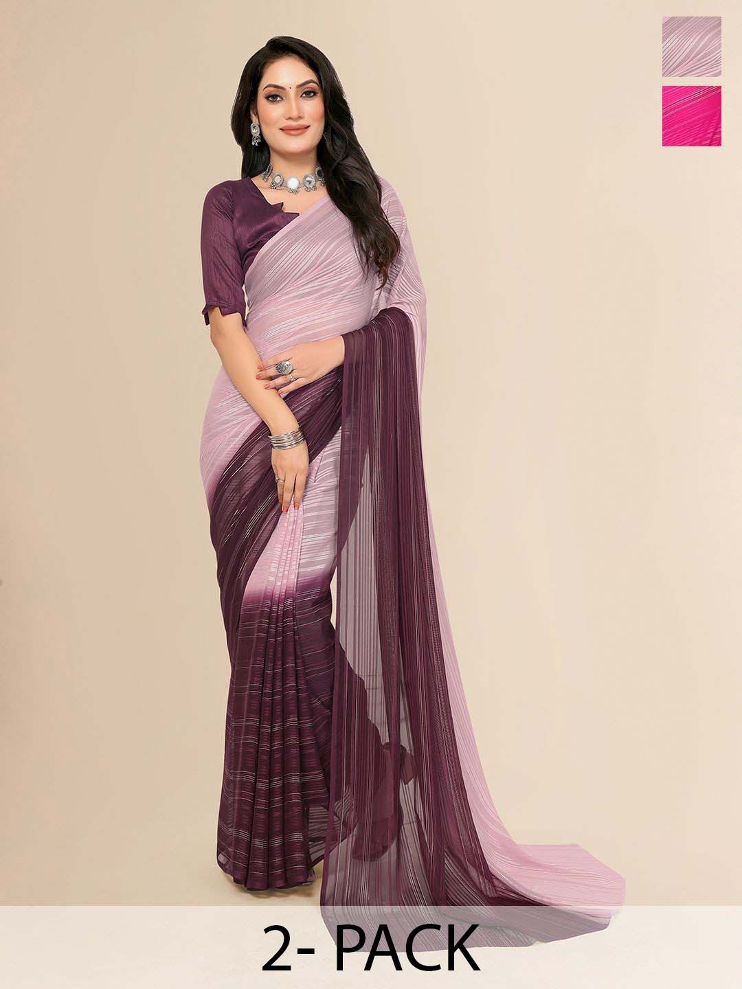 

Moda Rapido Pack Of 2 Striped Satin Saree, Pink