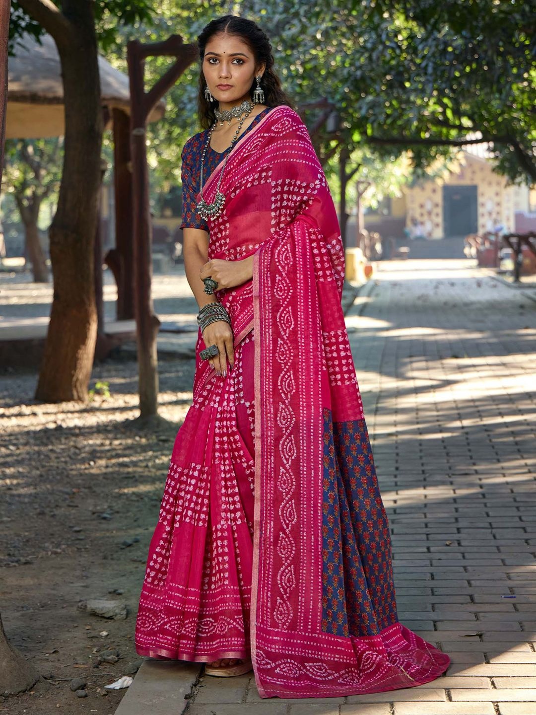 

KALINI Bandhani Printed Kantha Work Bandhani Saree, Pink