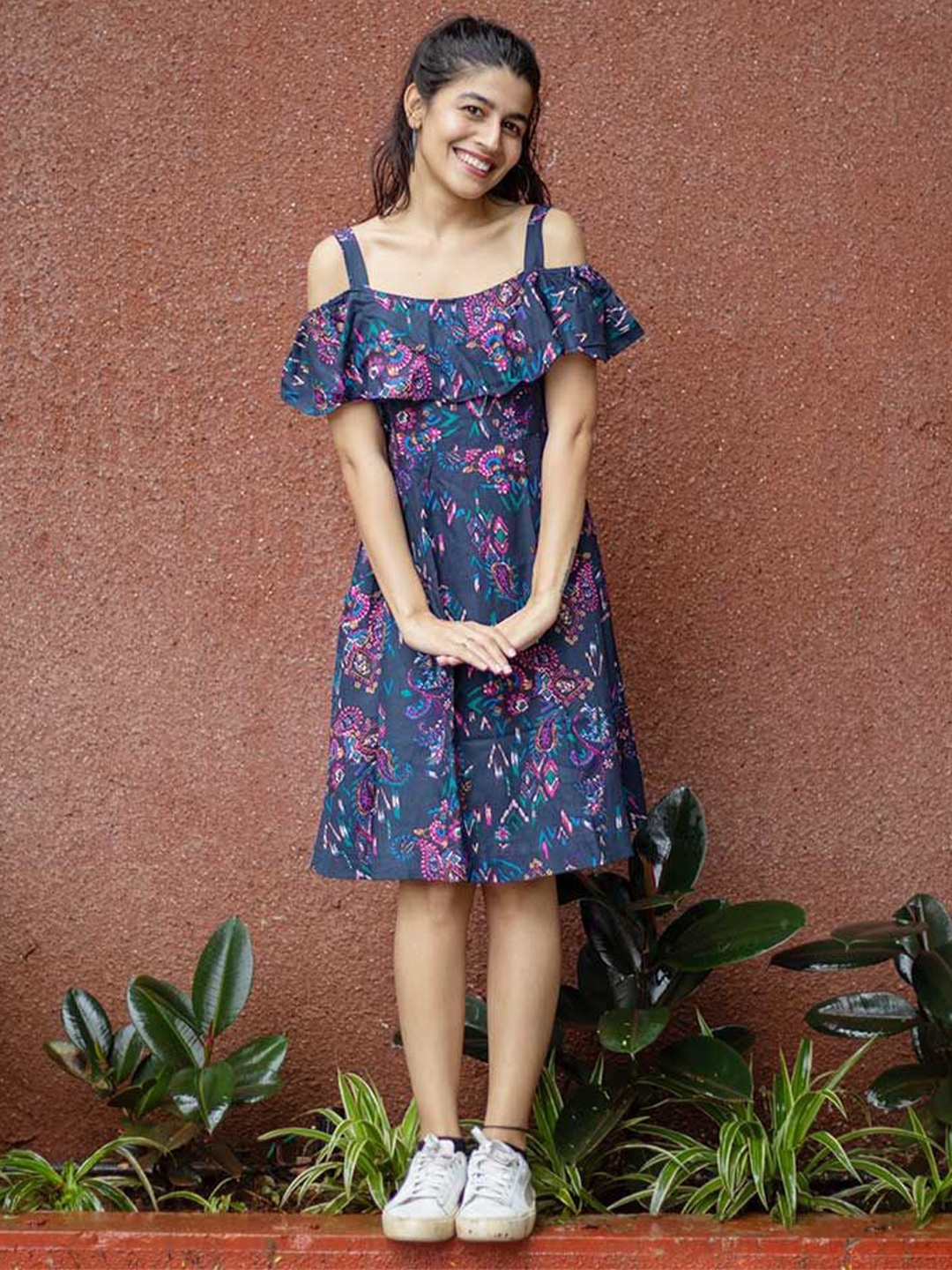 

Kmistry Women Ethnic Motifs Printed A-Line Knee Length Dress, Navy blue