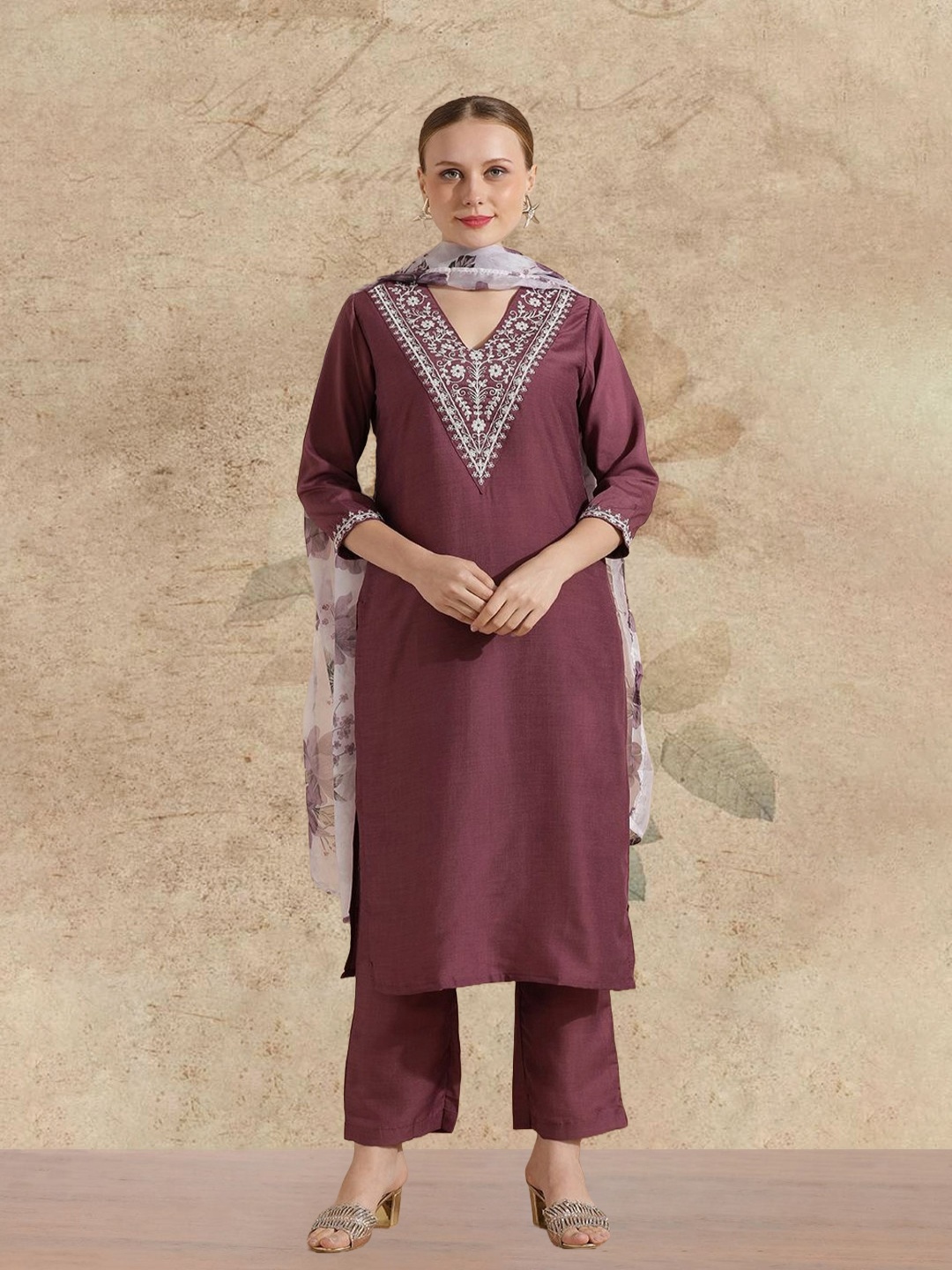 

AVANSHEE Woven Design V-Neck Kurta With Trouser And Dupatta, Brown