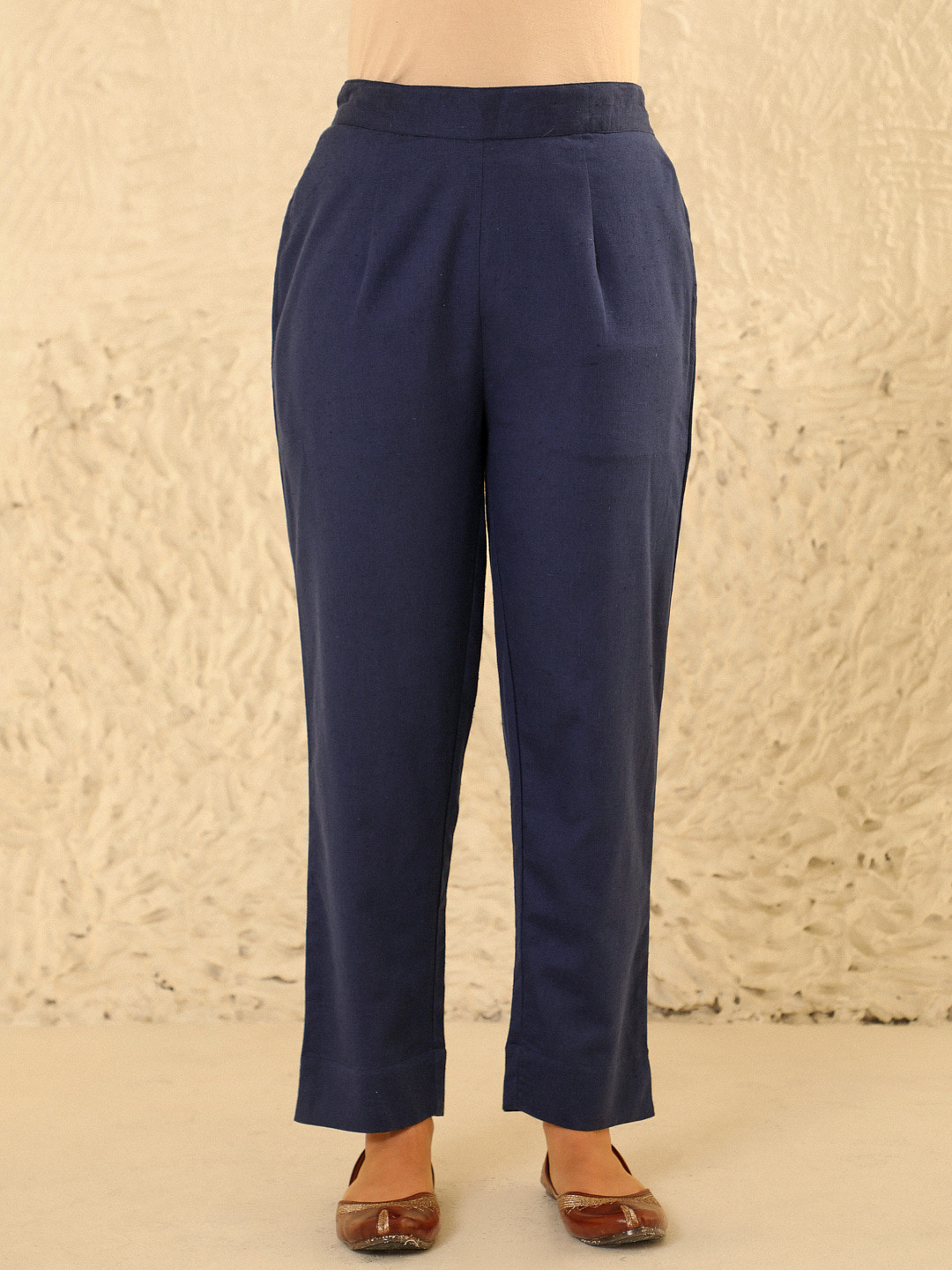 

House of Chikankari Women Relaxed Straight Leg Pleated Trousers, Navy blue