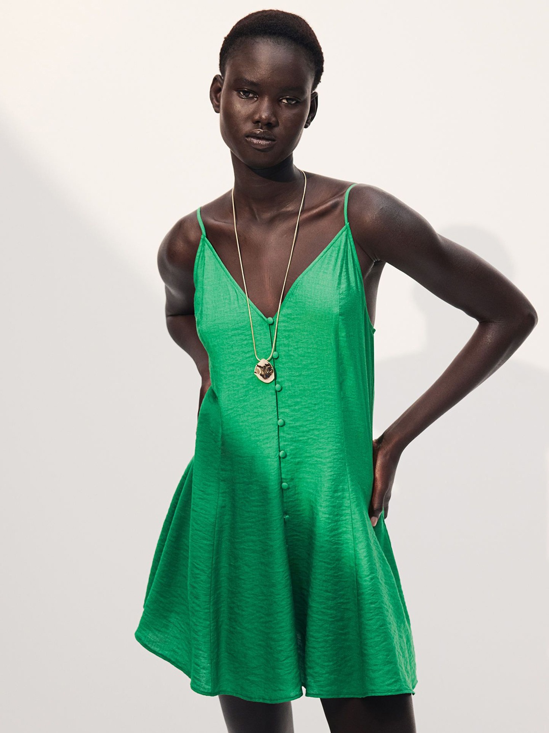 

H&M Button-Front Strappy Shoulder Straps Sleeveless Dress, Green