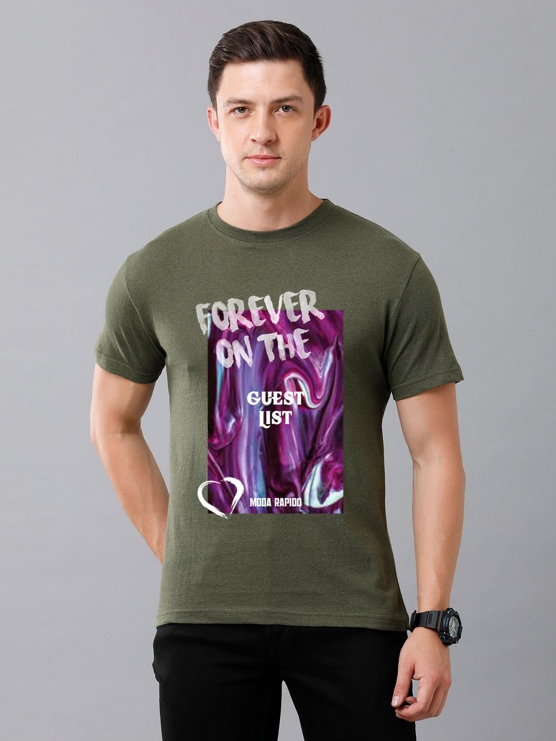 

Moda Rapido Men Graphic Printed Round Neck Cotton T-shirt, Olive