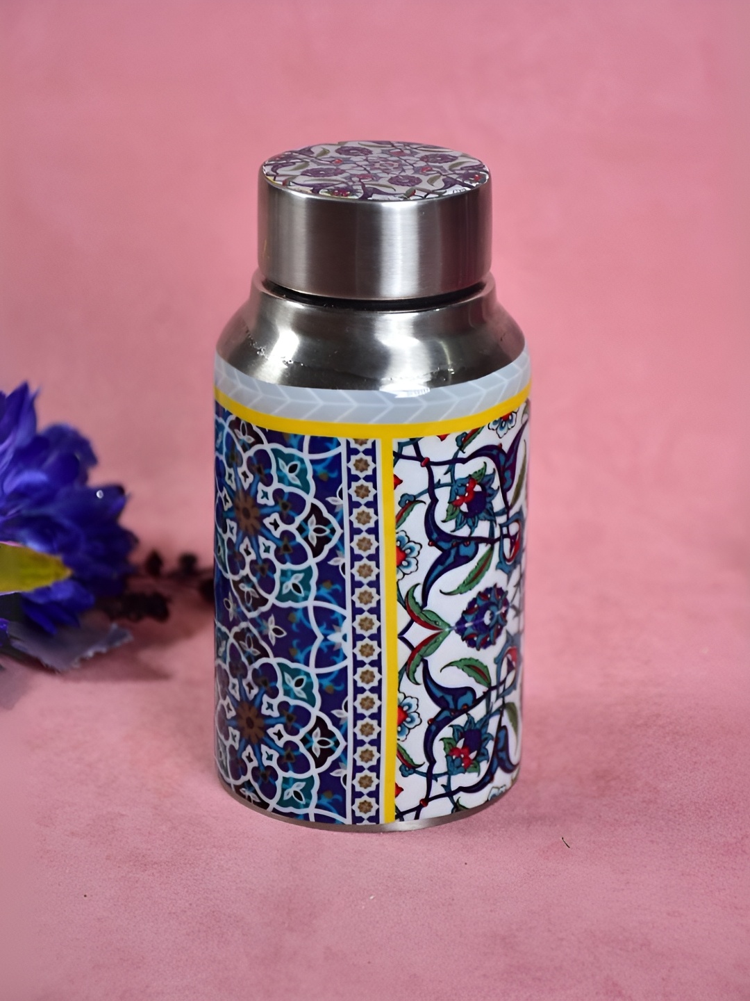 

THE HOME CO. White & Blue Stainless Steel Floral Printed Small Water Bottle - 500ml