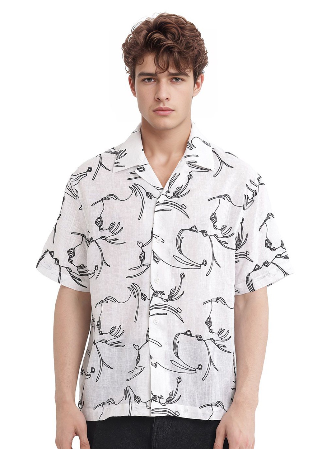 

RARE RABBIT Men Comfort Relaxed Fit Cuban Collar Abstract Printed Cotton Casual Shirt, White