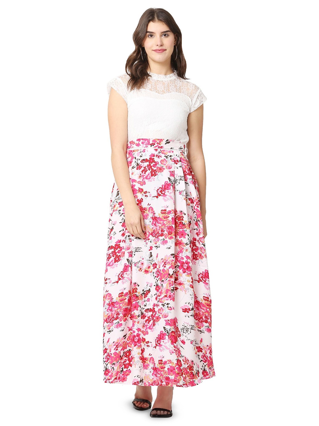 

BAESD Women Floral Printed Fit & Flare Maxi Dress With Belt, White