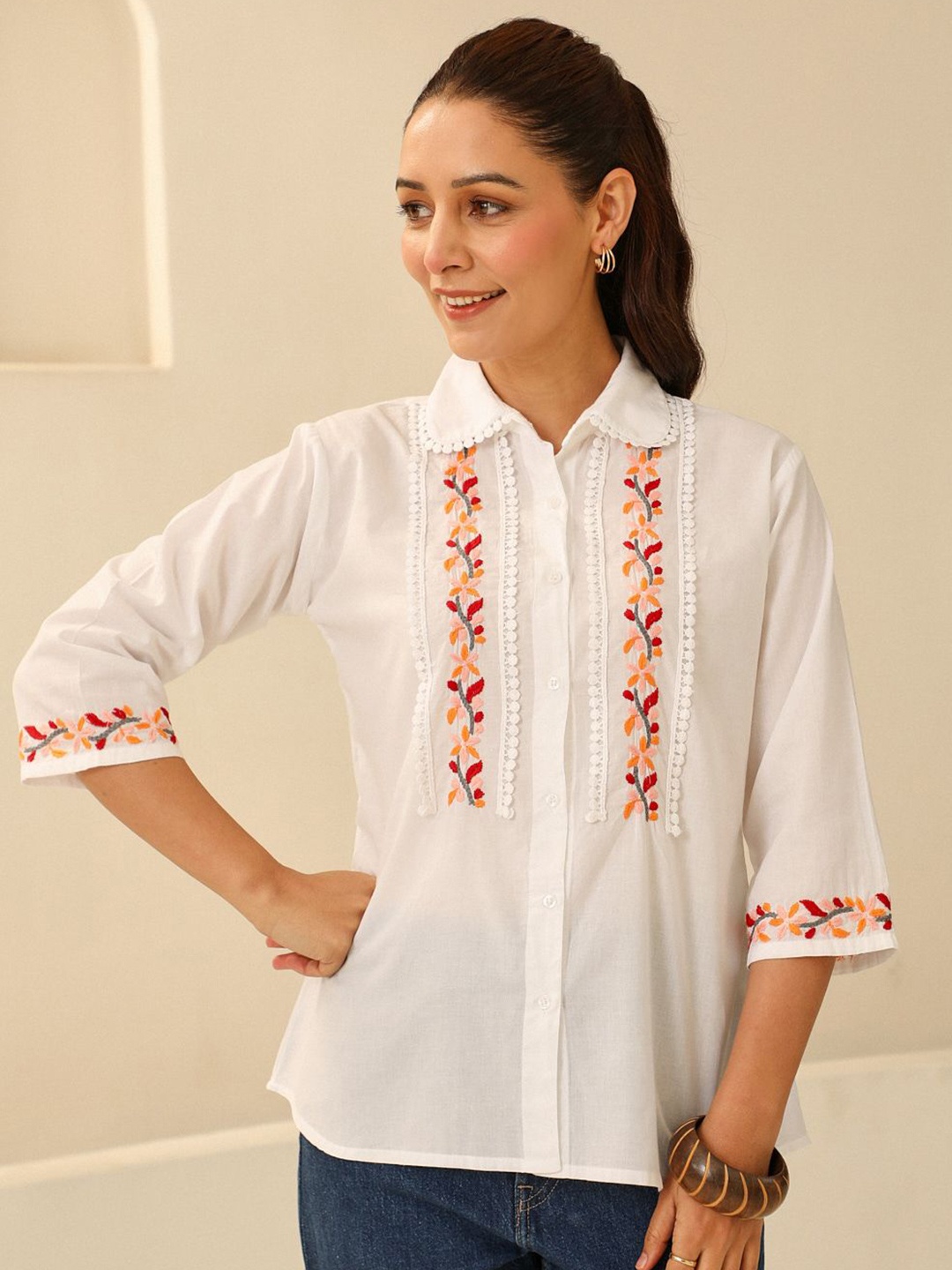 

House of Chikankari Women Spread Collar Floral Printed Cotton Casual Shirt, White