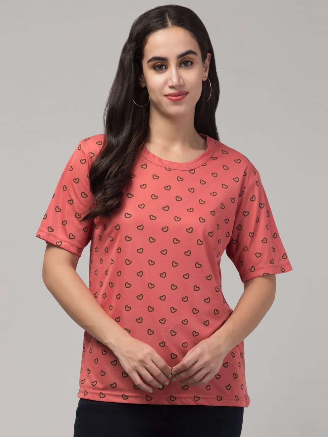 

CLOTHY Women Conversational Printed Round Neck T-shirt, Coral