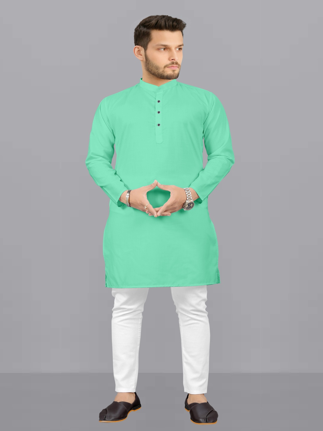 

Fashion FRICKS Mandarin Collar Straight Kurta With Pyjama, Sea green