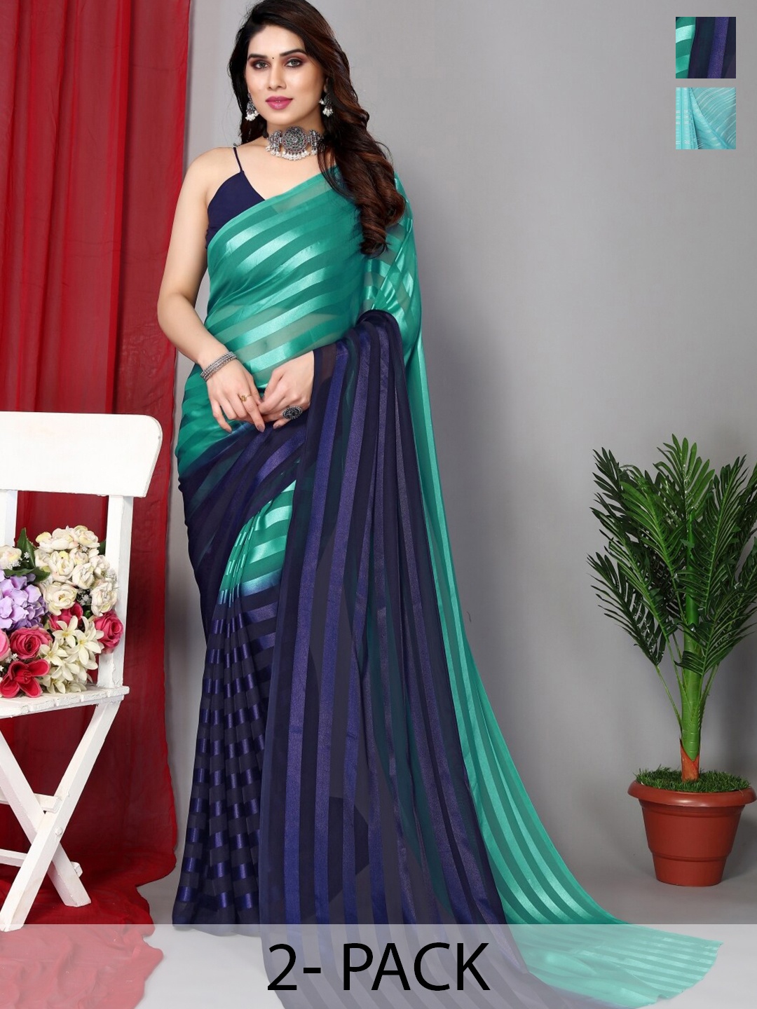 

Moda Rapido Pack Of 2 Striped Satin Saree, Green