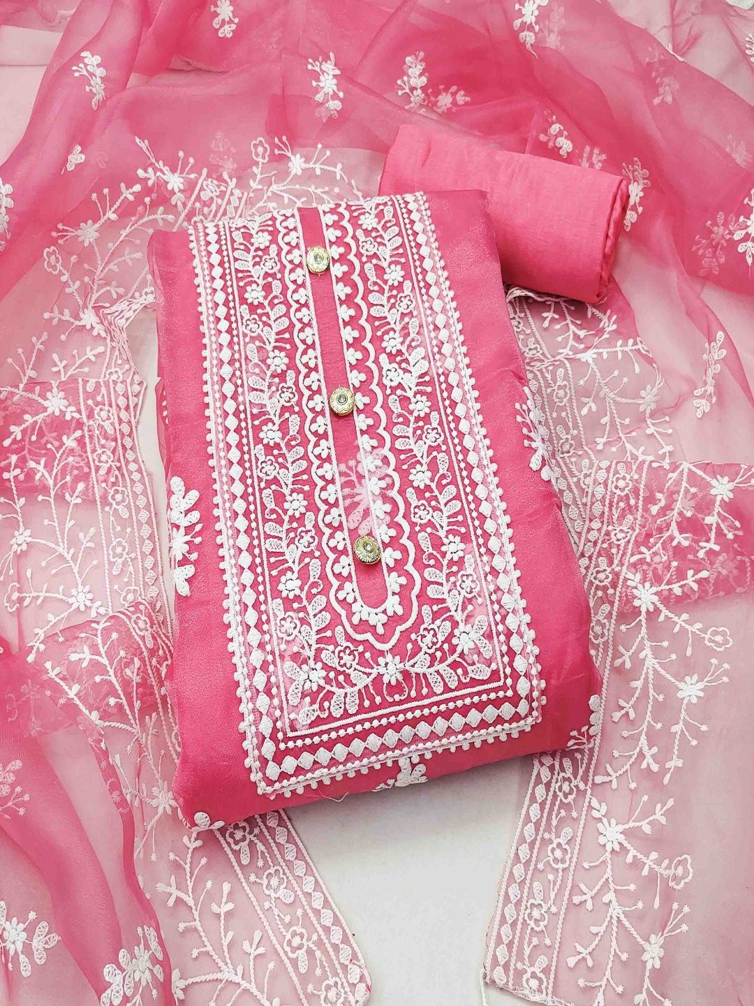 

Blissta Floral Embroidered Organza Unstitched Dress Material, Pink