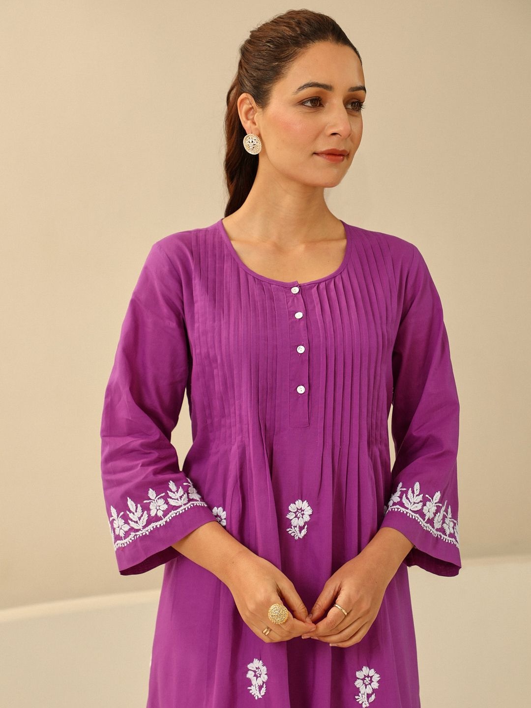 

House of Chikankari Women Woven Pure Cotton Chikankari Long Kurta Purple